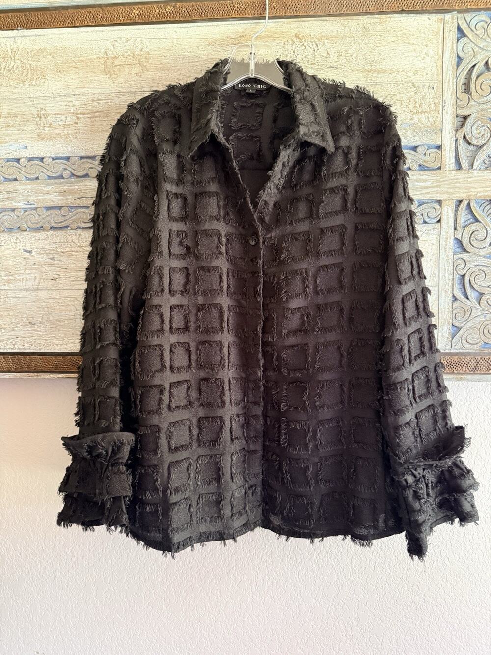 Boho Chic Long Sleeve Black Button Up Blouse Fun Detail Cool Sleeves